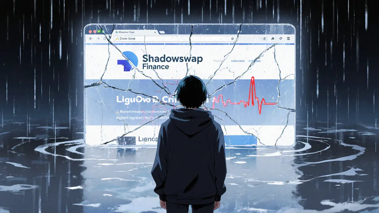 Figure anime observant un pool vide et un écran brisé, symbolisant les risques de Shadowswap.