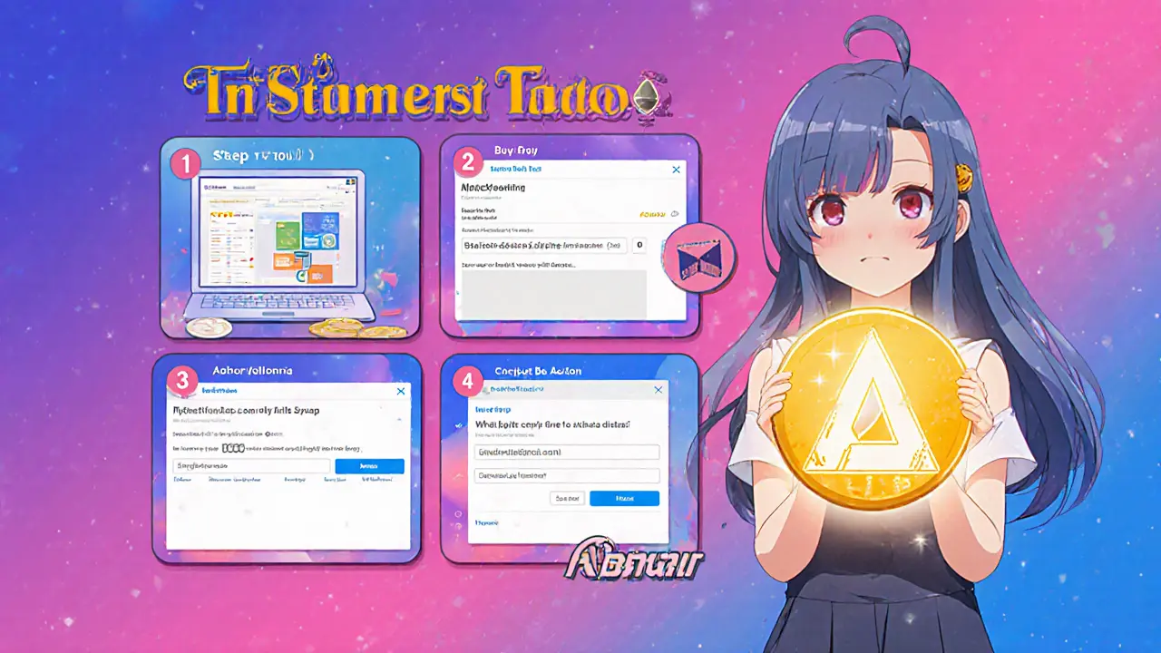 Guide anime en six étapes : installer MetaMask, acheter ETH, connecter Uniswap, swap ABTon, staking.