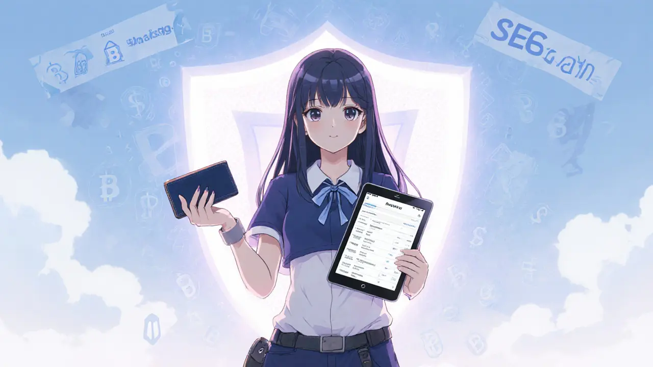 Héroïne utilise un hardware wallet et l&#039;outil Revoke.cash, symbolisant la protection contre les arnaques.