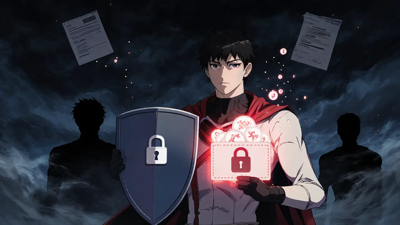 Héros anime protégeant un portefeuille O3 contre des menaces de phishing.