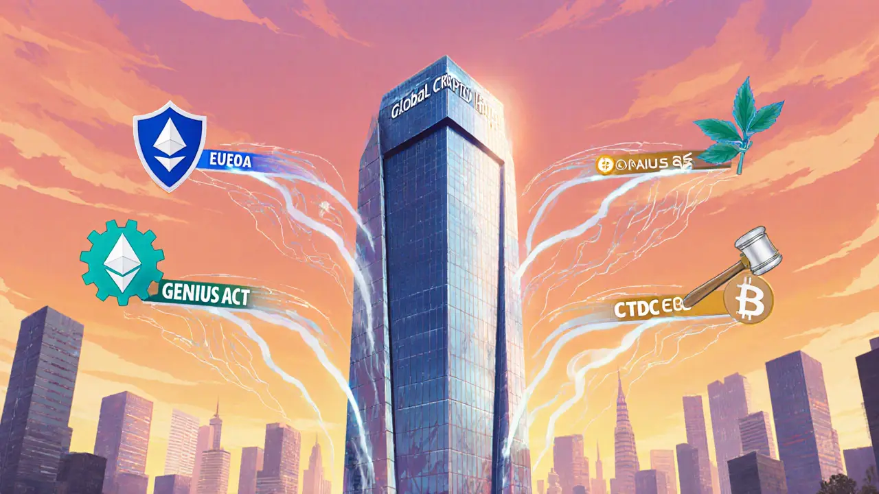 Horizon futur montrant une tour centrale reliée à des flux numériques d’actifs crypto.