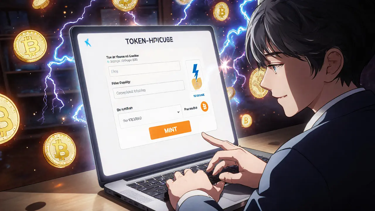 Interface holographique du marketplace UniSat montrant la création d&#039;un token BRC‑20 avec paiement Lightning.