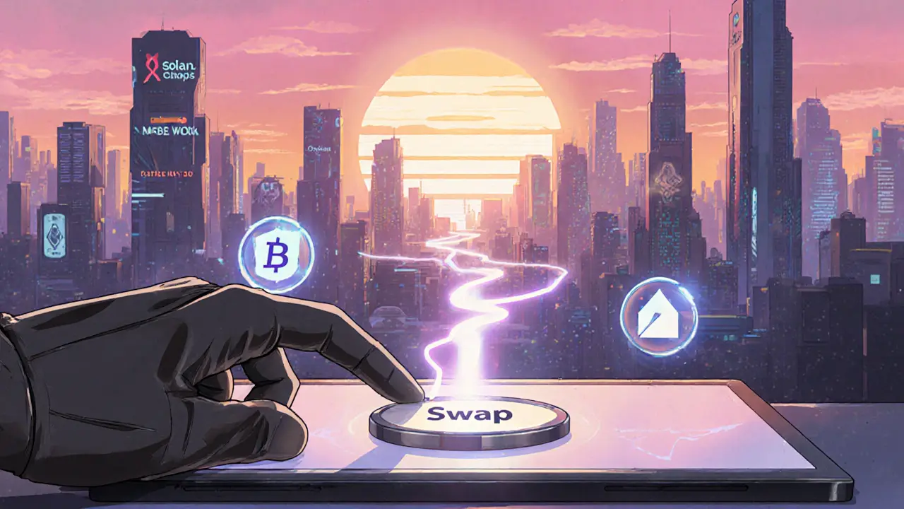 Main anime appuyant sur "Swap" déclenchant un flux traversant ERC‑20, Solana et Base.