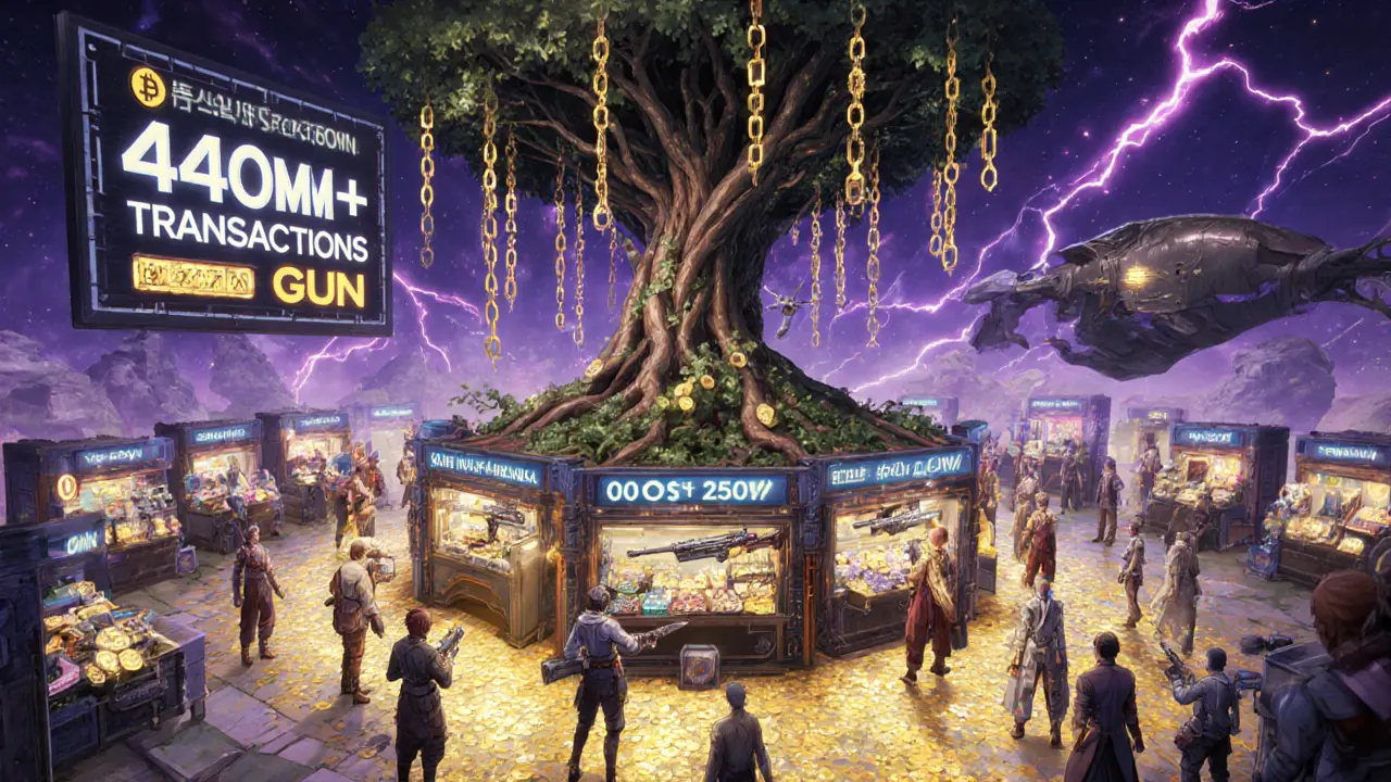 Marché numérique flottant où des joueurs échangent des NFT sous un arbre blockchain géant, éclairé par des jetons GUN.