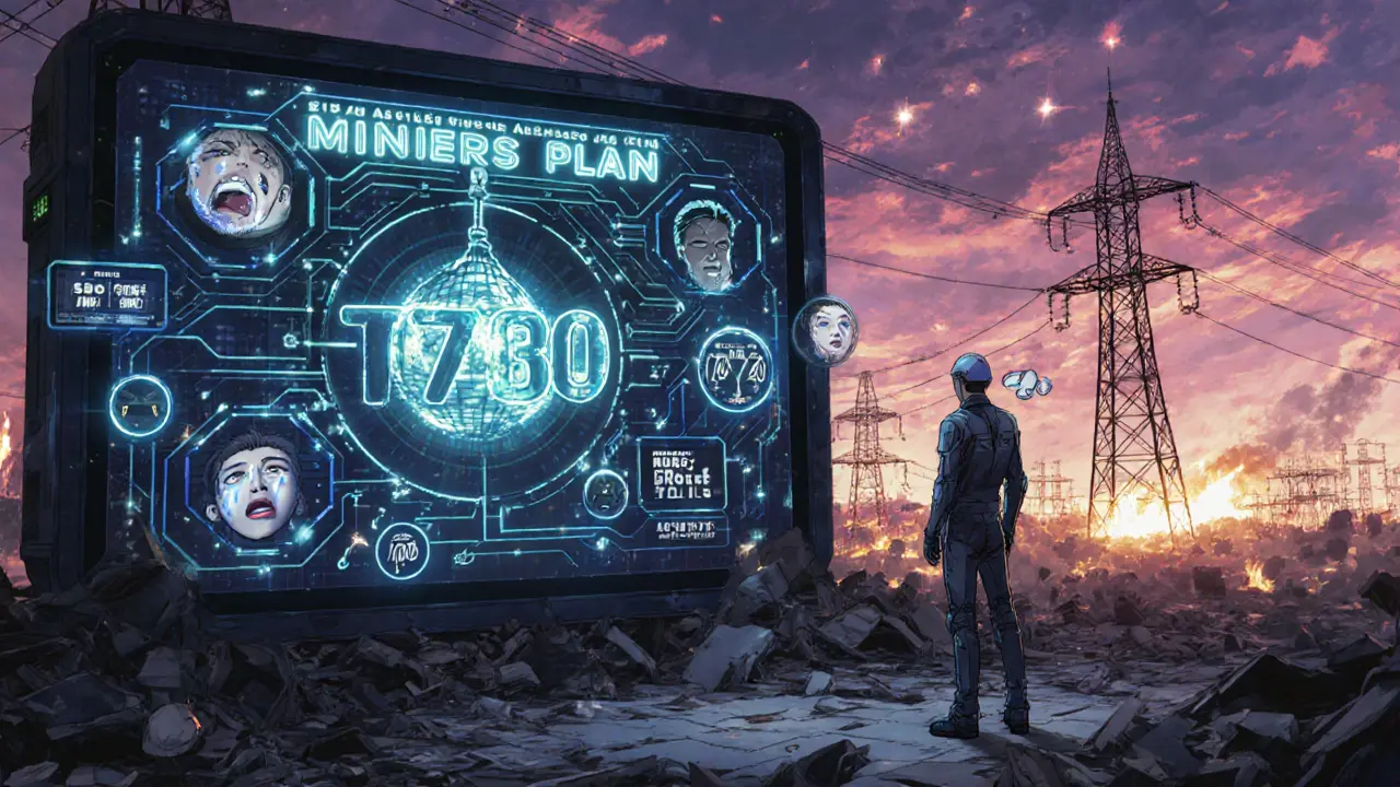 Mineur face à un plan énergétique gouvernemental, entouré d&#039;images de familles sans électricité et de déchets d&#039;équipements.