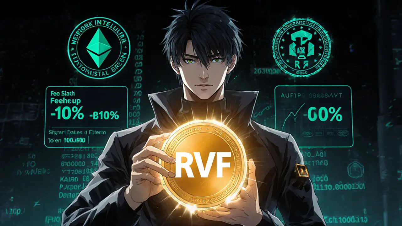 Personnage anime tenant un token RVF lumineux devant des graphiques et logos d'audit.