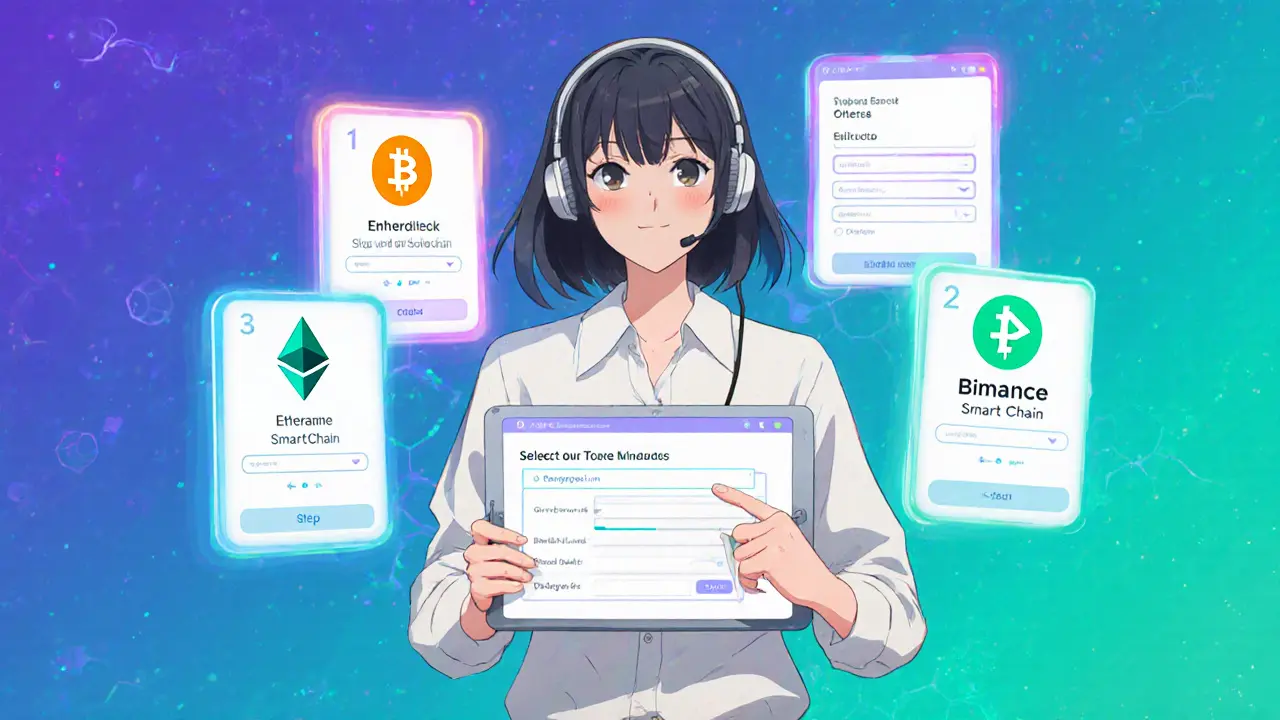 Personnage anime utilisant une tablette pour créer un token sur MintMe en trois étapes.