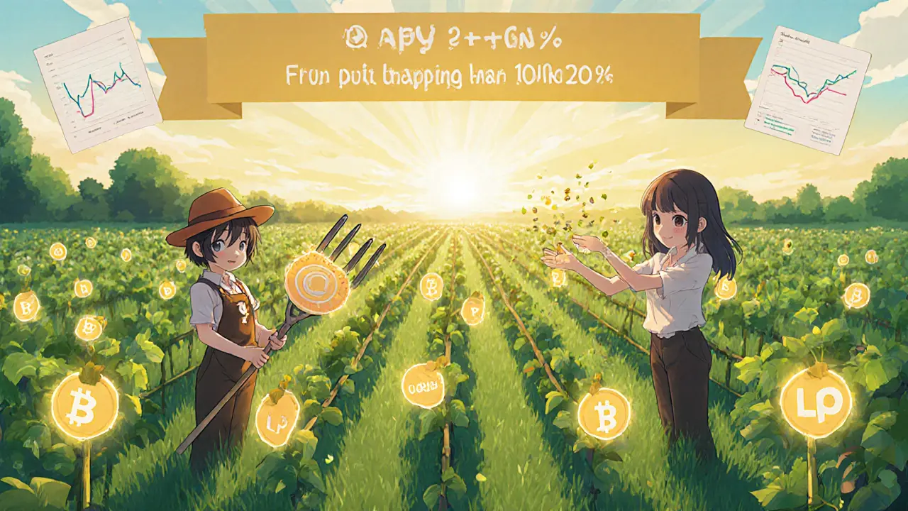 Personnages anime cultivant des tokens CAKE et BNB dans une ferme de yield farming digitale.