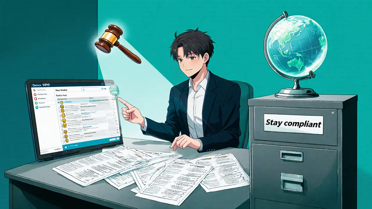 Personne organise des formulaires 1099‑MISC, utilise Blockpit et classe des documents dans un classeur archivage.