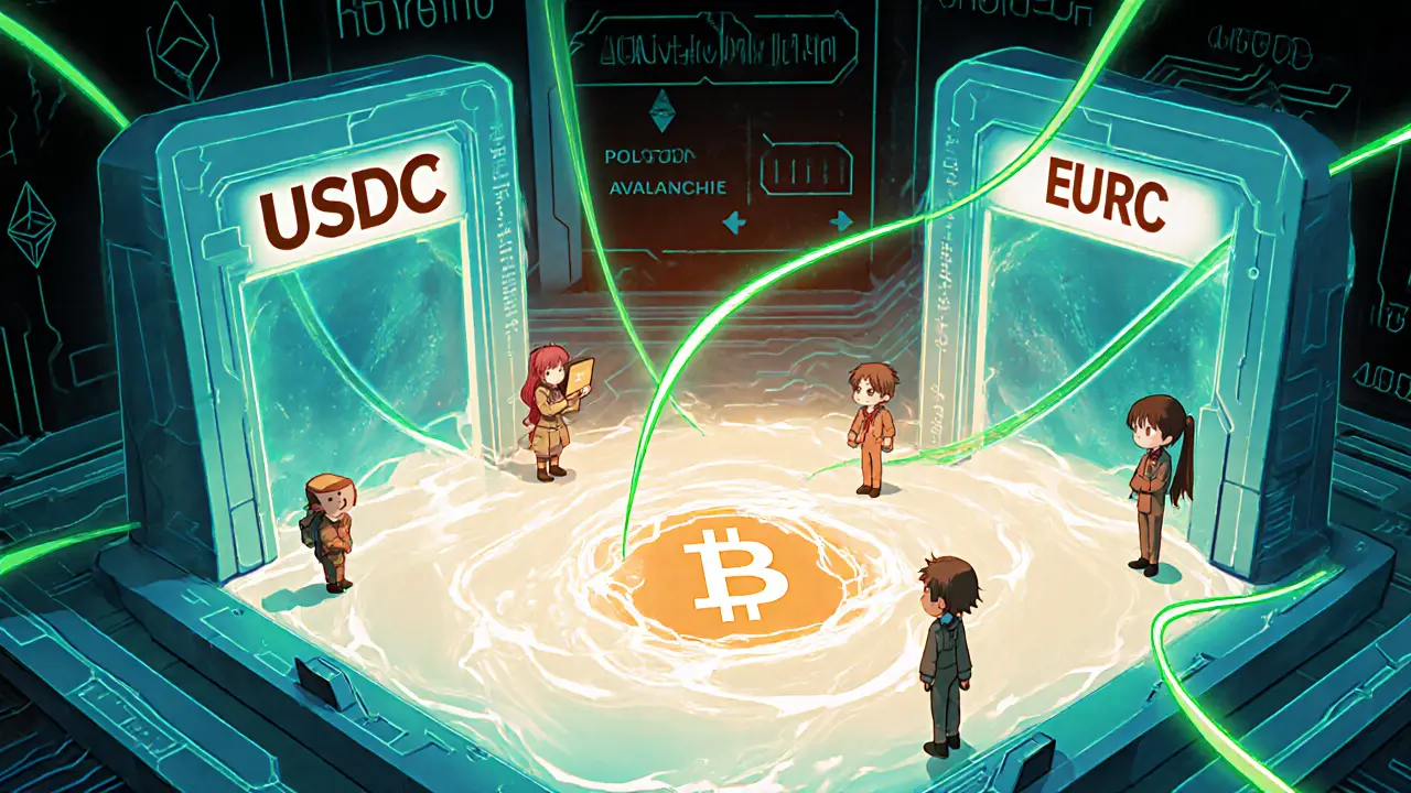 Scène anime du FXPool montrant un puits lumineux qui relie les portails USDC et EURC avec des oracles.