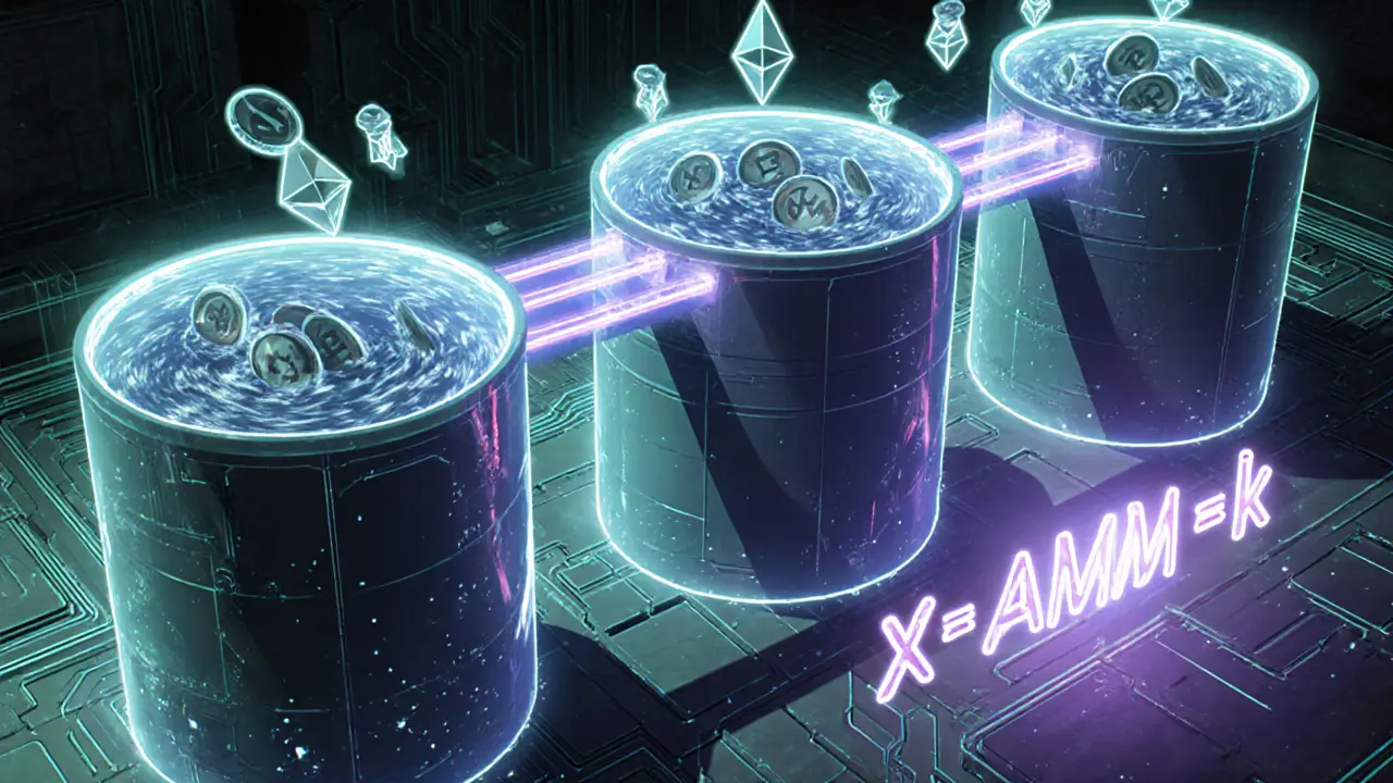 Scène anime montrant des pools de liquidité, un bridge inter‑chaînes et des NFT flottants.