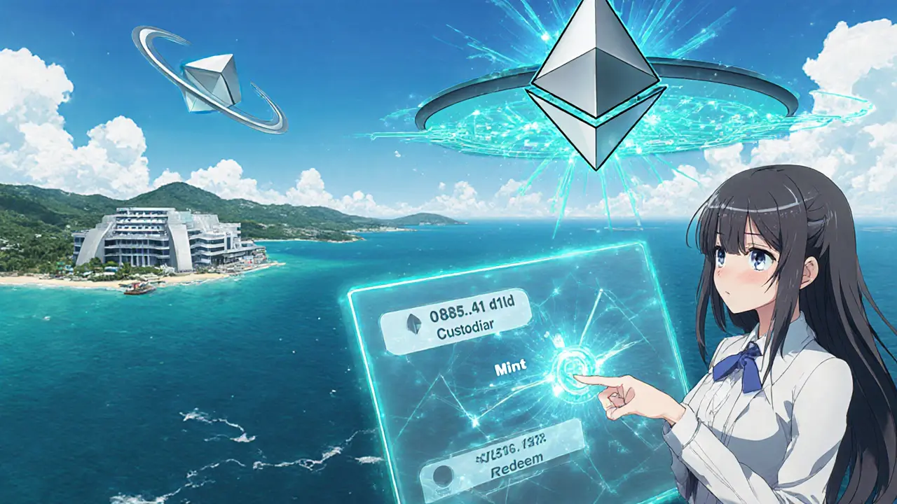 Scène anime montrant le coffre BVI, le logo Ethereum et le contrat ABTon avec une héroïne DEX.