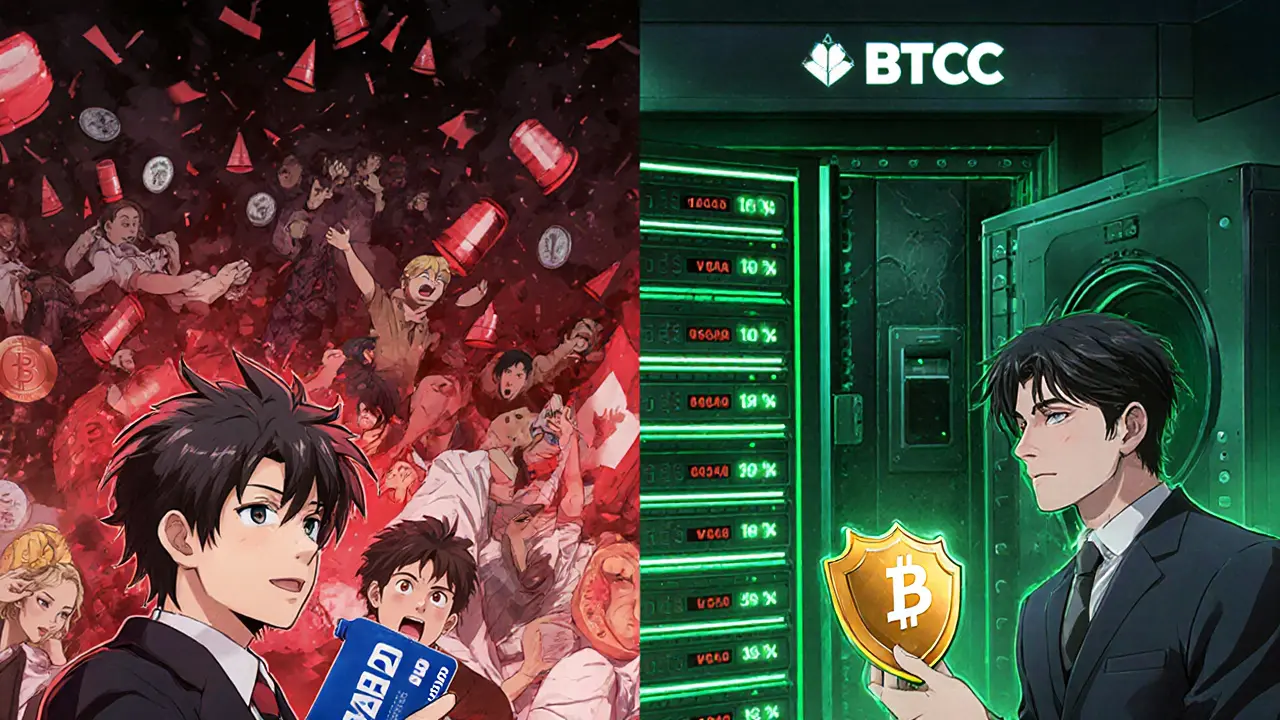 Scène contrastée : chaos d&#039;un krach crypto à gauche, sécurité et calme de BTCC à droite avec portefeuilles froids.