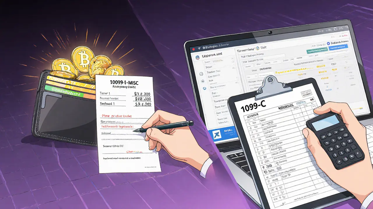 Scène divisée montrant un portefeuille personnel avec tokens et un tableau d&#039;échange affichant le formulaire 1099‑MISC.