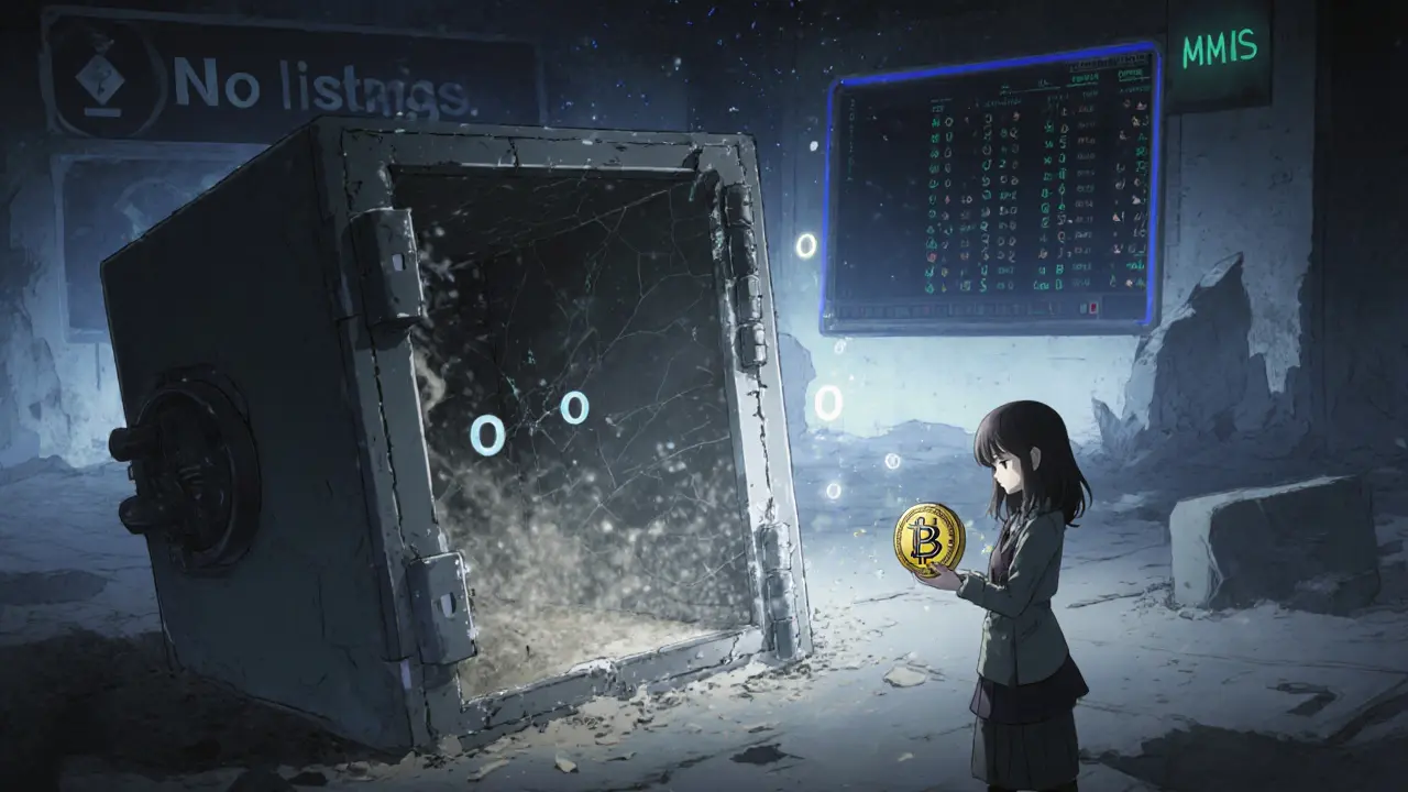 Scène sombre montrant un coffre de tokens vide, des listes d’échanges vides et un chat communautaire désert.