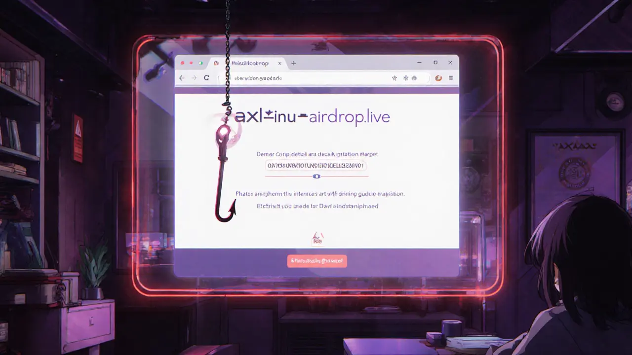 Site de phishing AXL INU demandant connexion de portefeuille, ambiance cyber dangereuse.