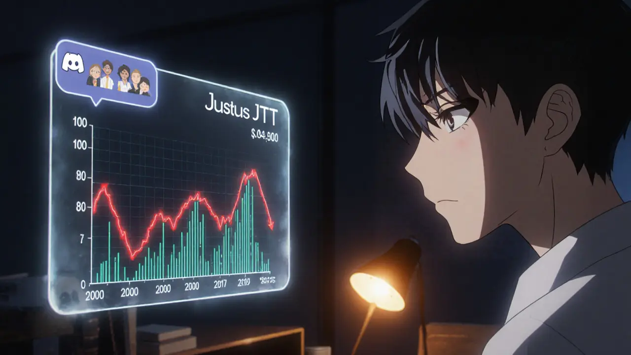 Trader anime observant graphique de prix JTT en chute, ambiance de faible liquidité.