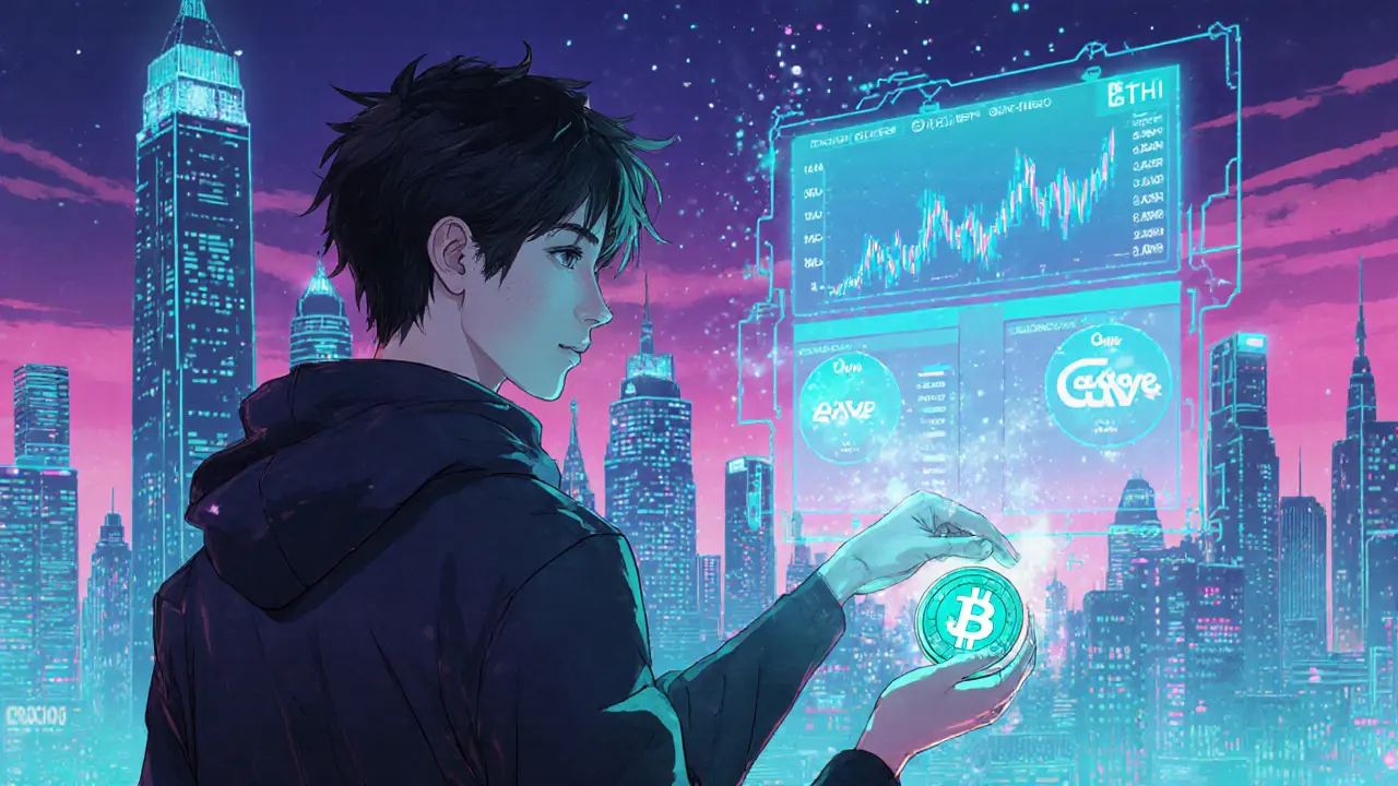Trader anime transfère un token stETH vers des interfaces DeFi en milieu urbain néon.