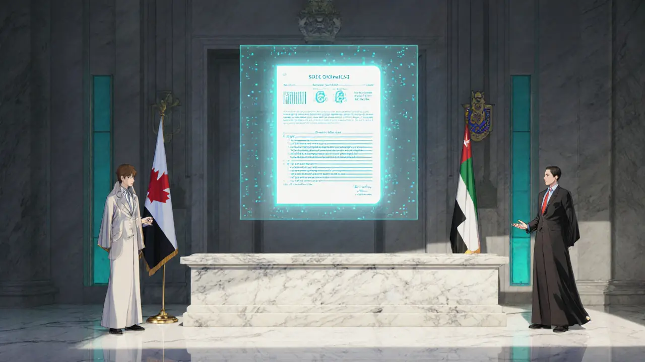 Tribunal londonien avec un registre blockchain holographique et représentants canadiens et émiratis.