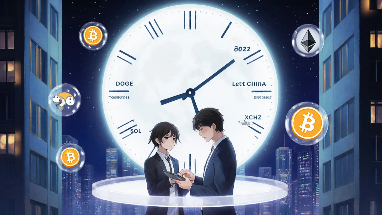 Un débutant copie les trades d&#039;un professionnel sous la lumière douce d&#039;une nuit, avec des icônes de cryptos flottantes.