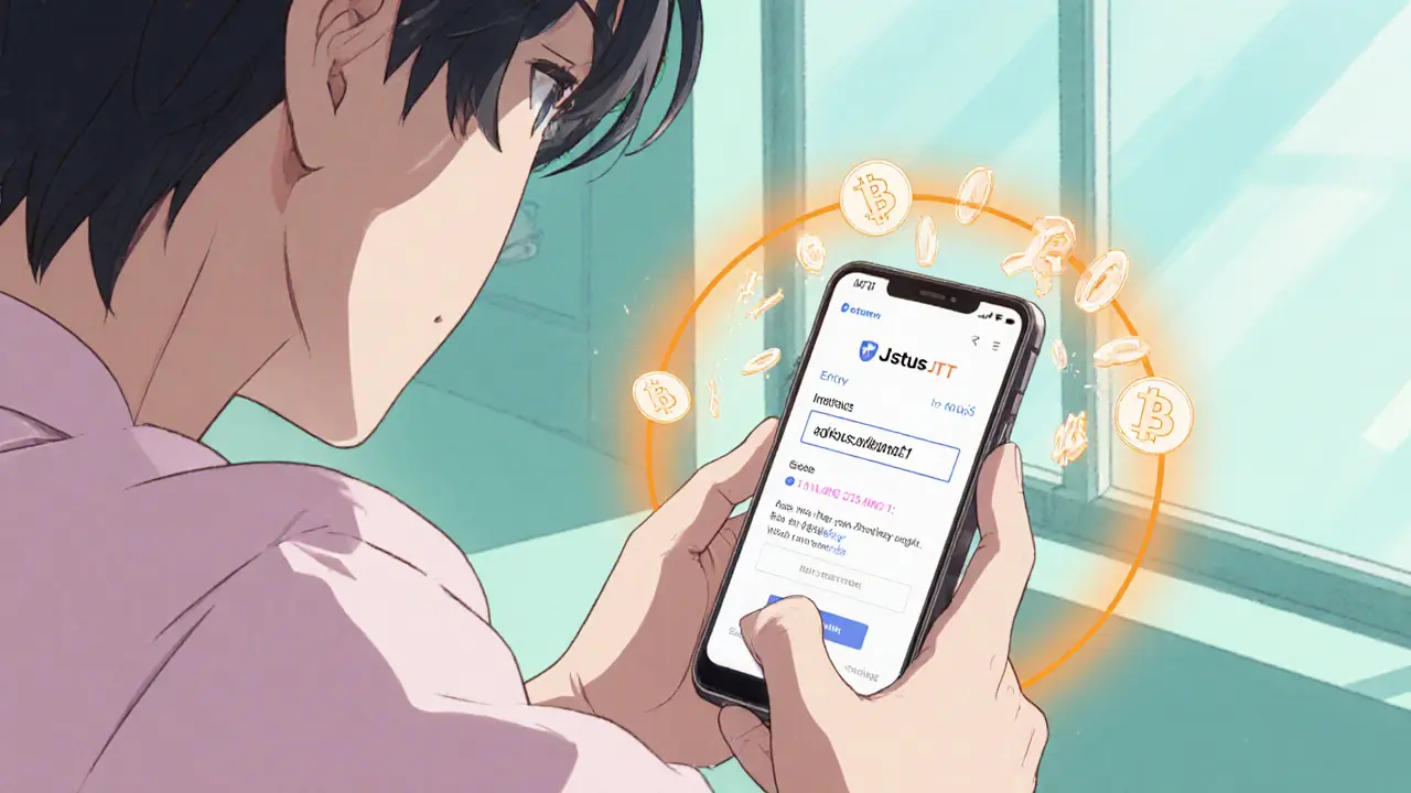 Utilisateur anime ajoutant le token JTT dans son portefeuille crypto, avec avertissement.