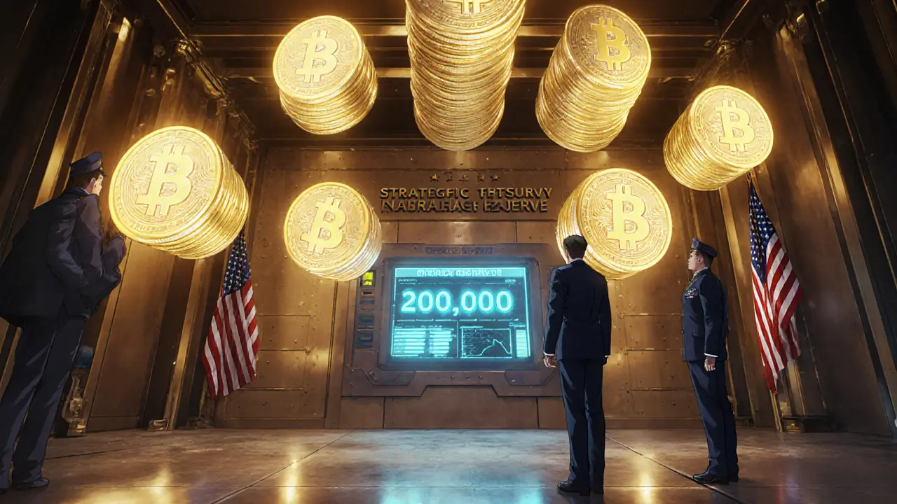 Vue basse d&#039;un coffre-fort américain avec des hologrammes de Bitcoin et des officiers en uniformes.