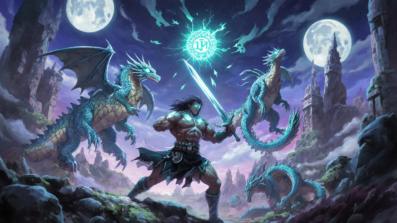 Bataille épique dans Illuvium avec des créatures NFT et un guerrier aux yeux lumineux.