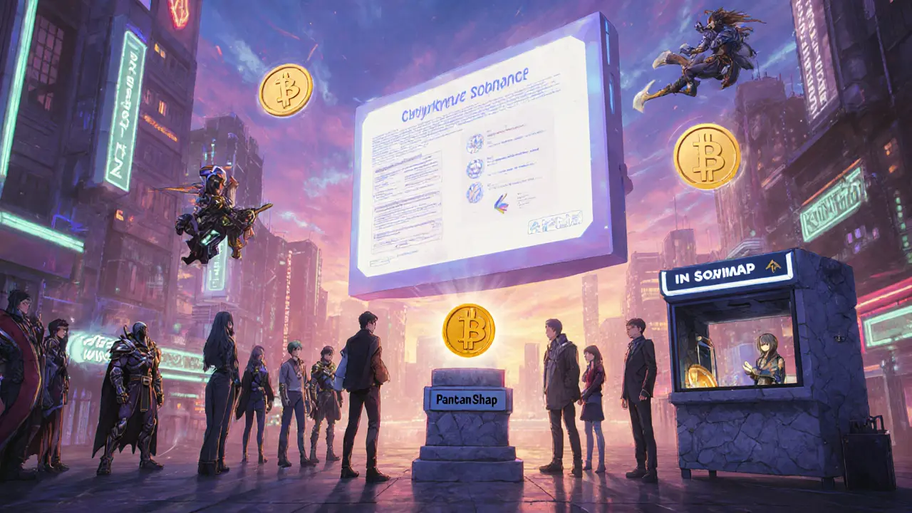 Communauté anime dans un hub numérique en 2025, votant avec des jetons THG sous un ciel crépusculaire.