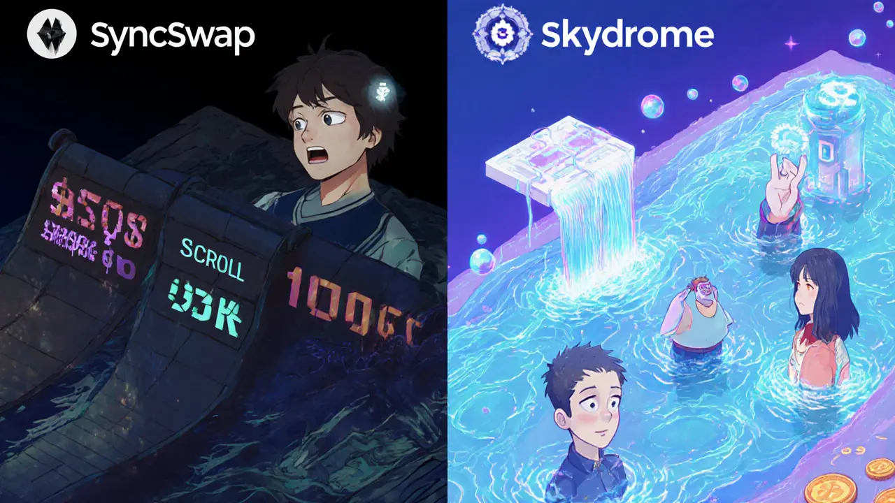 Comparaison visuelle entre Syncswap (Scroll) en panne et Skydrome fluide et prospère sur Scroll.