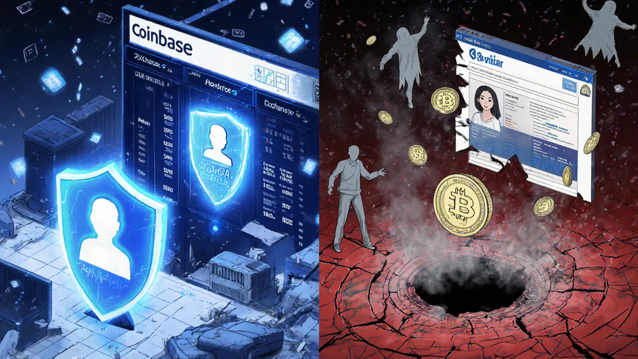 Comparaison visuelle entre une plateforme crypto sécurisée et le site frauduleux Savitar en flammes.