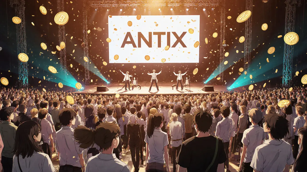 Concert virtuel avec des centaines d&#039;avatars numériques performant sur scène sous le logo ANTIX.