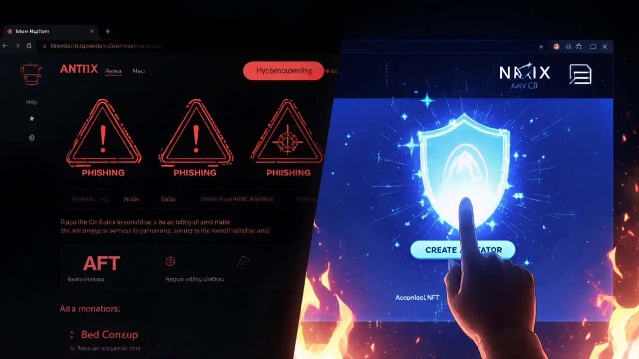 Contraste entre un site frauduleux et le site officiel ANTIX avec un bouclier NFT protecteur.