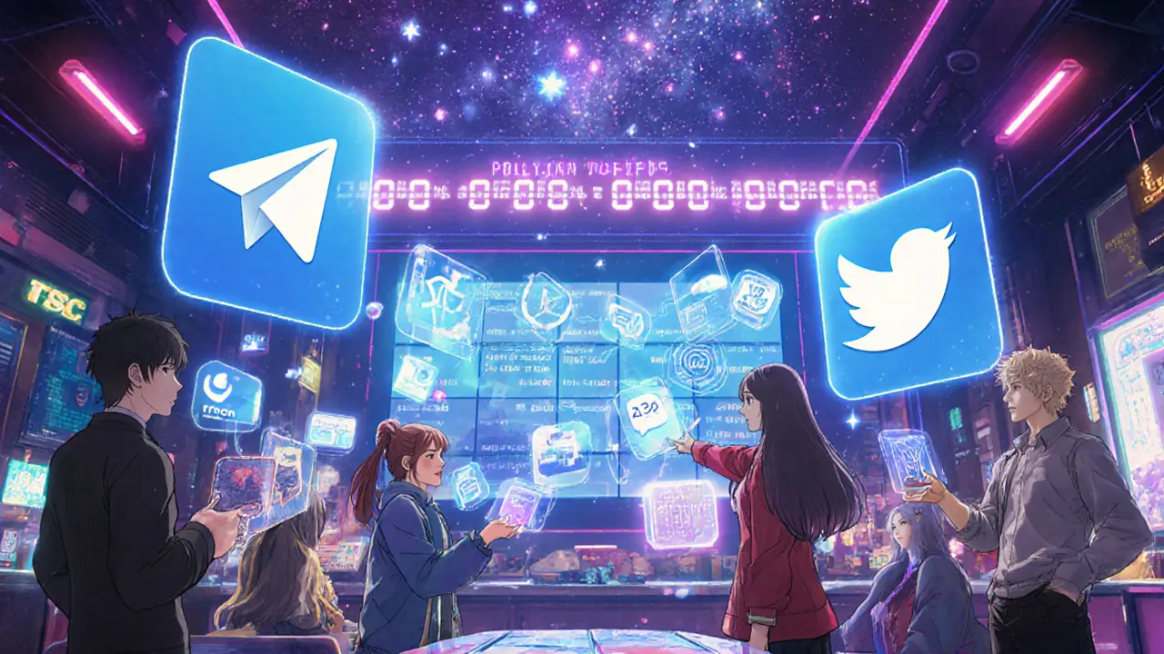 Des interfaces sociales flottantes affichent un compteur de 45 milliards de NFT en cours de distribution.