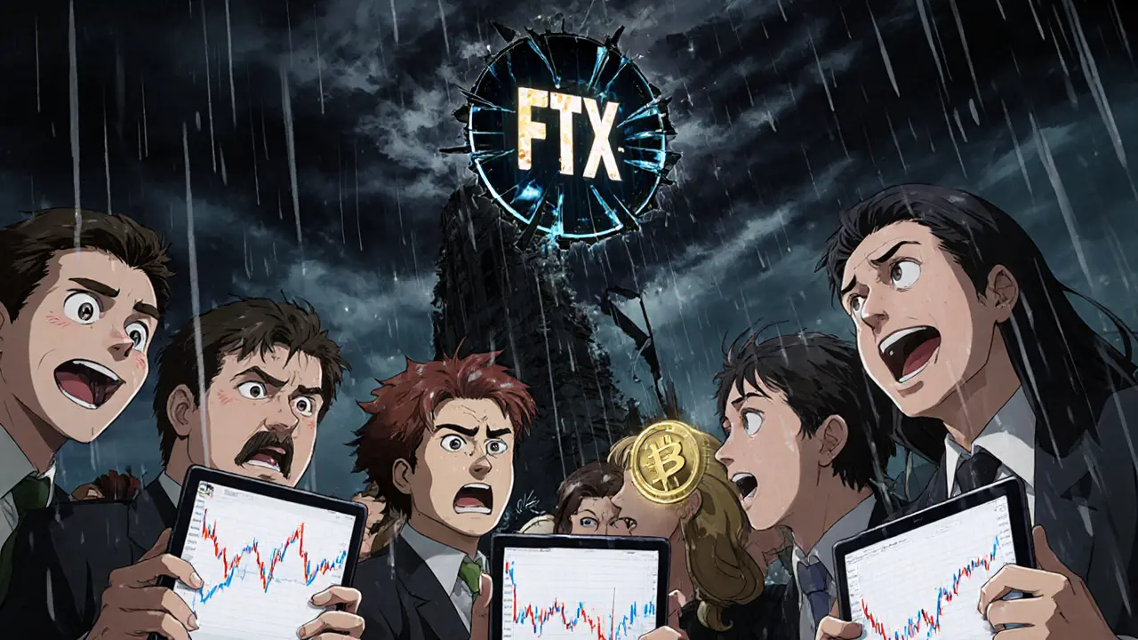 Des investisseurs paniqués regardent leurs cryptos disparaître tandis qu&#039;un jeton FTT se brise en l&#039;air.