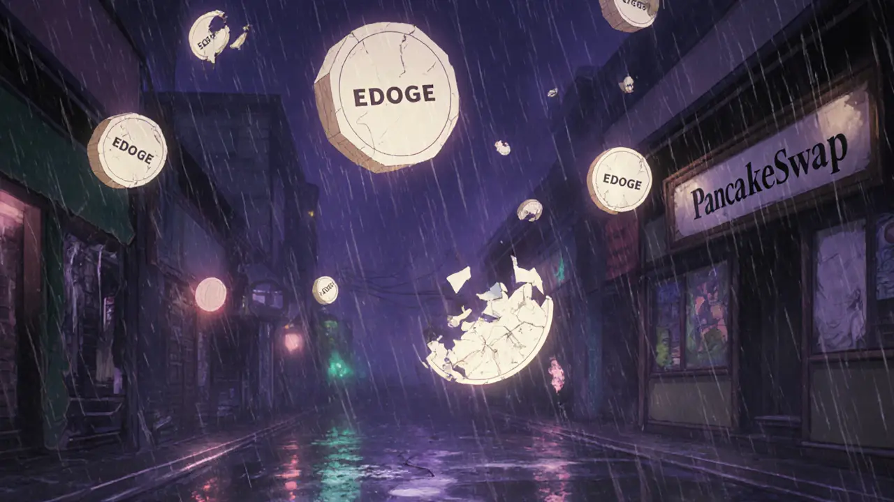 Des jetons EDOGE flottant comme des lanternes dans une rue déserte, certains en train de se désintégrer.