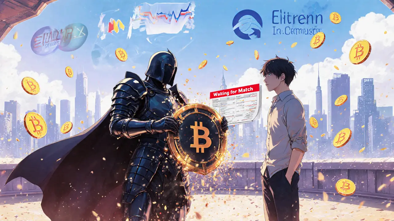 Deux traders en opposition : l&#039;un confiant avec un bouclier Bitcoin, l&#039;autre seul face à un ordre non apparié.