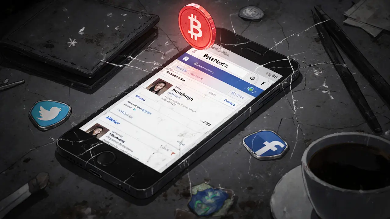 Écran de téléphone affichant un site web vide avec des icônes de réseaux sociaux et un portefeuille crypto éteint.