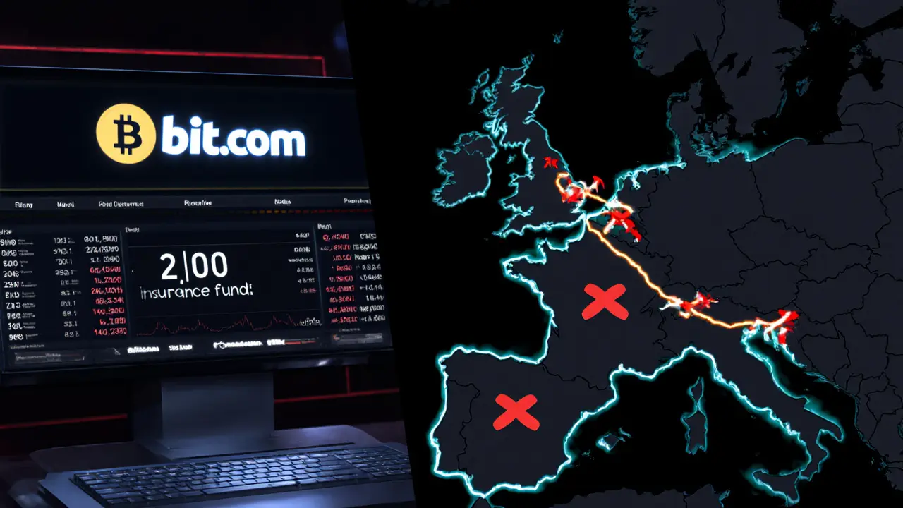 Écran divisé : fonds d&#039;assurance BIT.com à gauche, carte mondiale des pays interdits à droite.