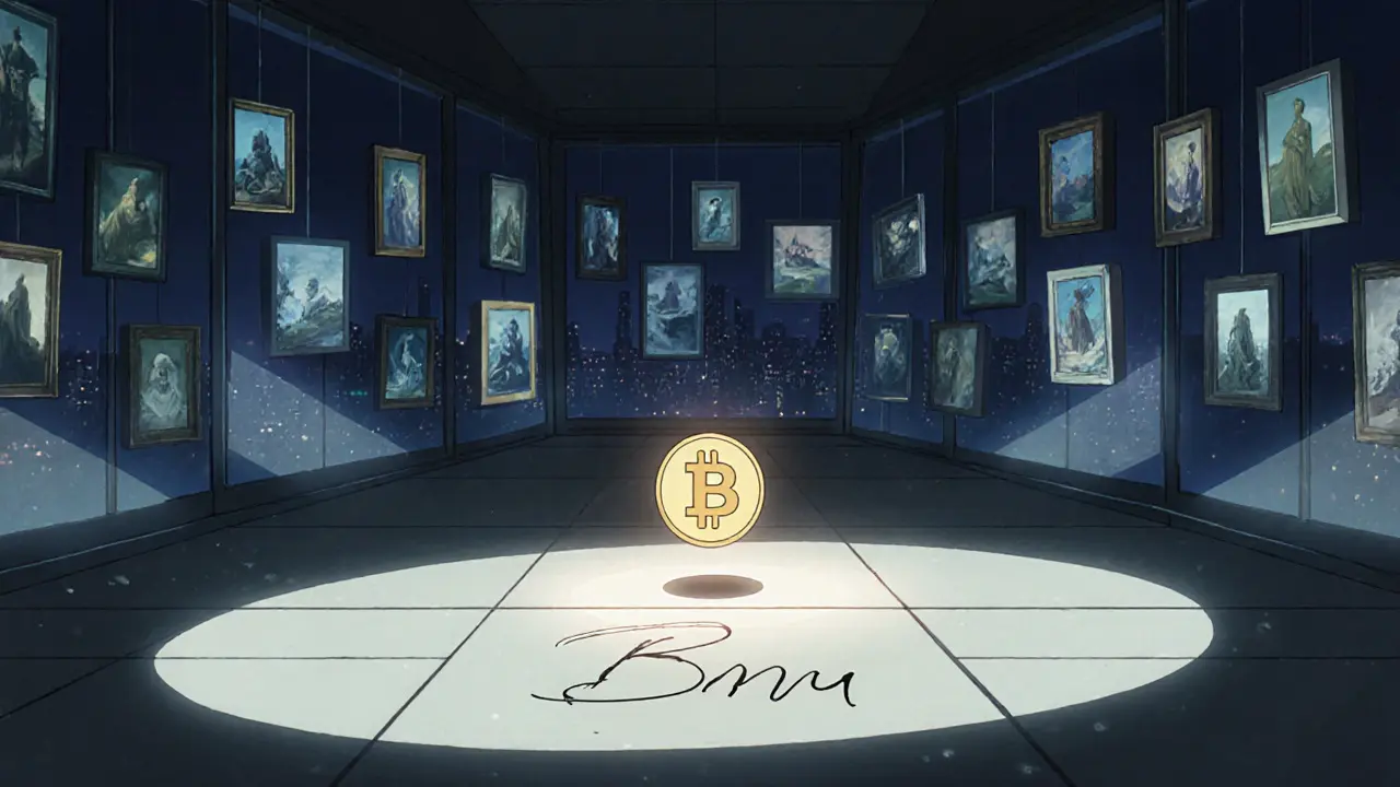 Galerie virtuelle vide avec des NFT qui s&#039;éteignent, un seul jeton BNU flottant au centre.