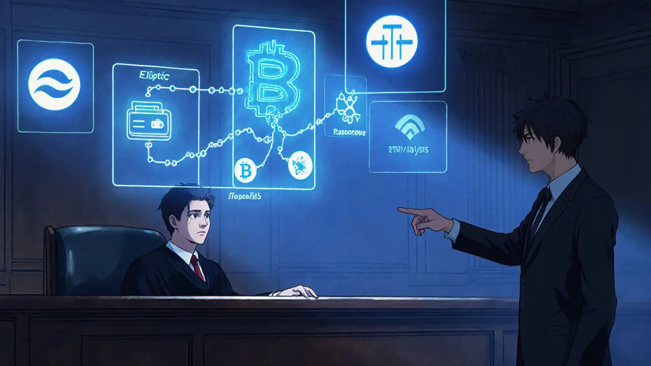 Graphique blockchain projeté dans une salle d&#039;audience, montrant la traçabilité d&#039;un transfert illicite.