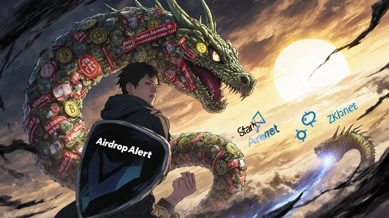 Héros affrontant un serpent fait de tokens falsifiés et de liens de phishing, tandis que des projets légitimes brillent en arrière-plan.