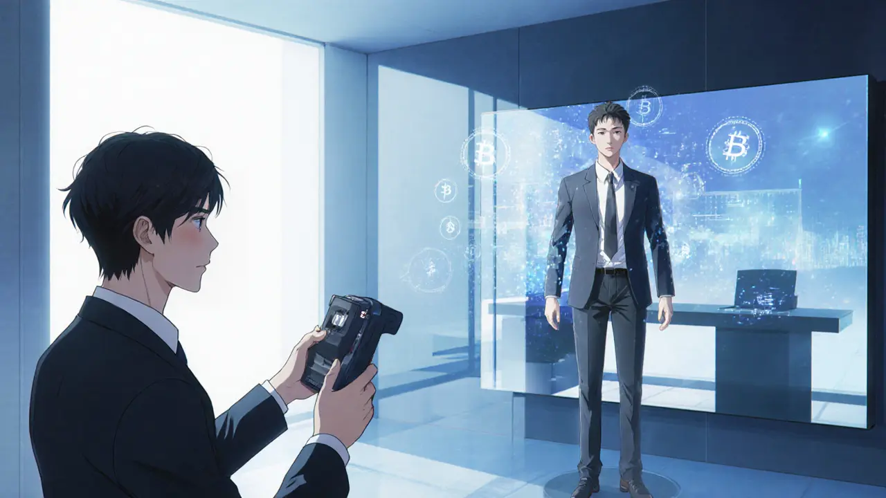 Homme scanne son visage pour créer un avatar numérique hyper-réaliste dans un bureau virtuel.