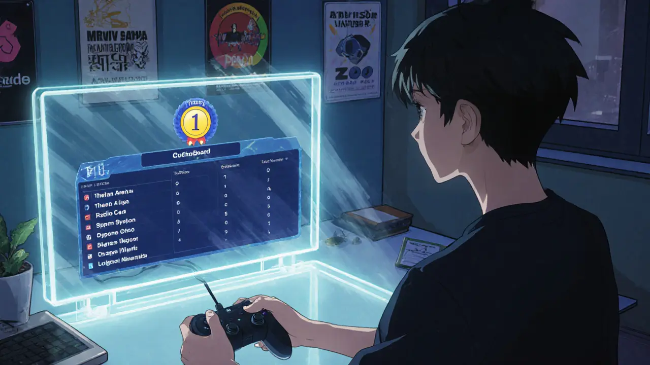 Joueur concentré devant un tableau de bord affichant la première place du classement CryptoBay.