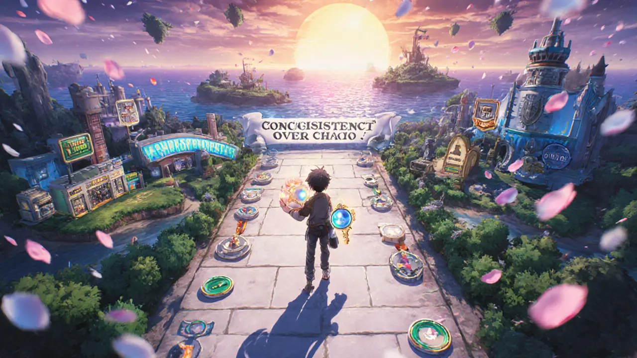 Joueur tenant un jeton PEARL qui devient une clé ouvrant un portail vers un méta-univers gamefi.