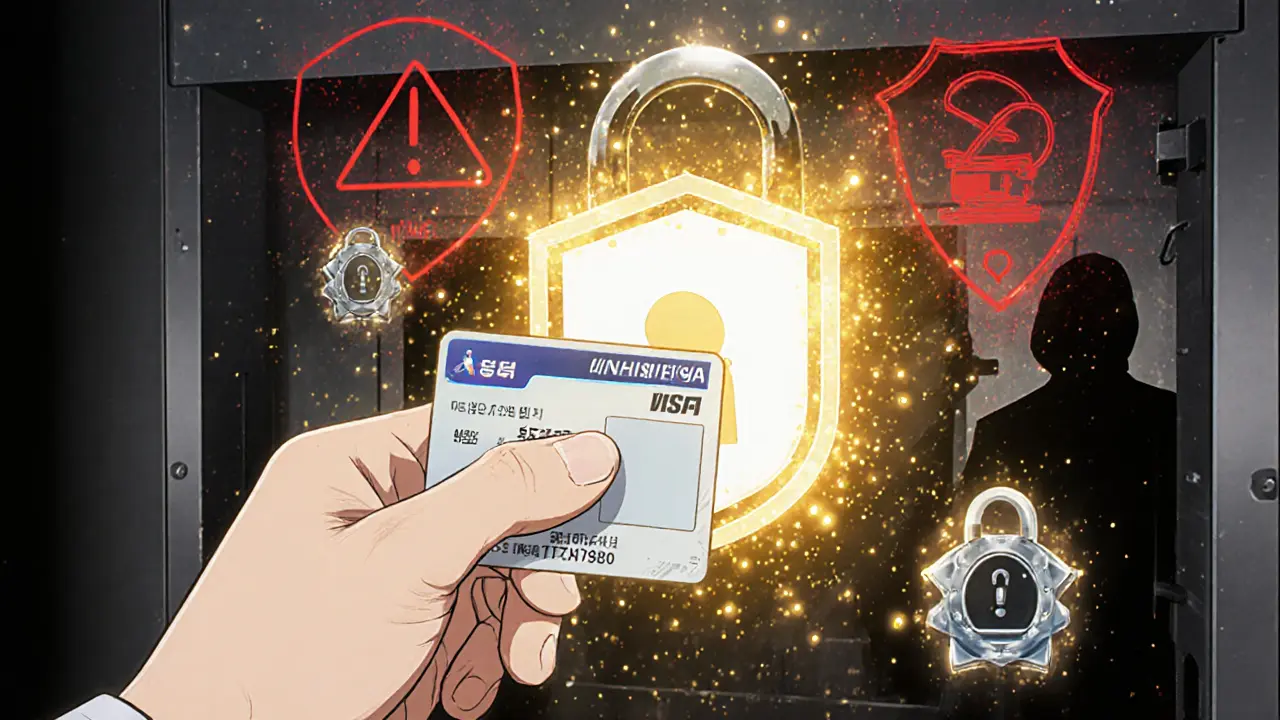 Main posant une pièce d&#039;identité coréenne devant un terminal de vérification sécurisée.