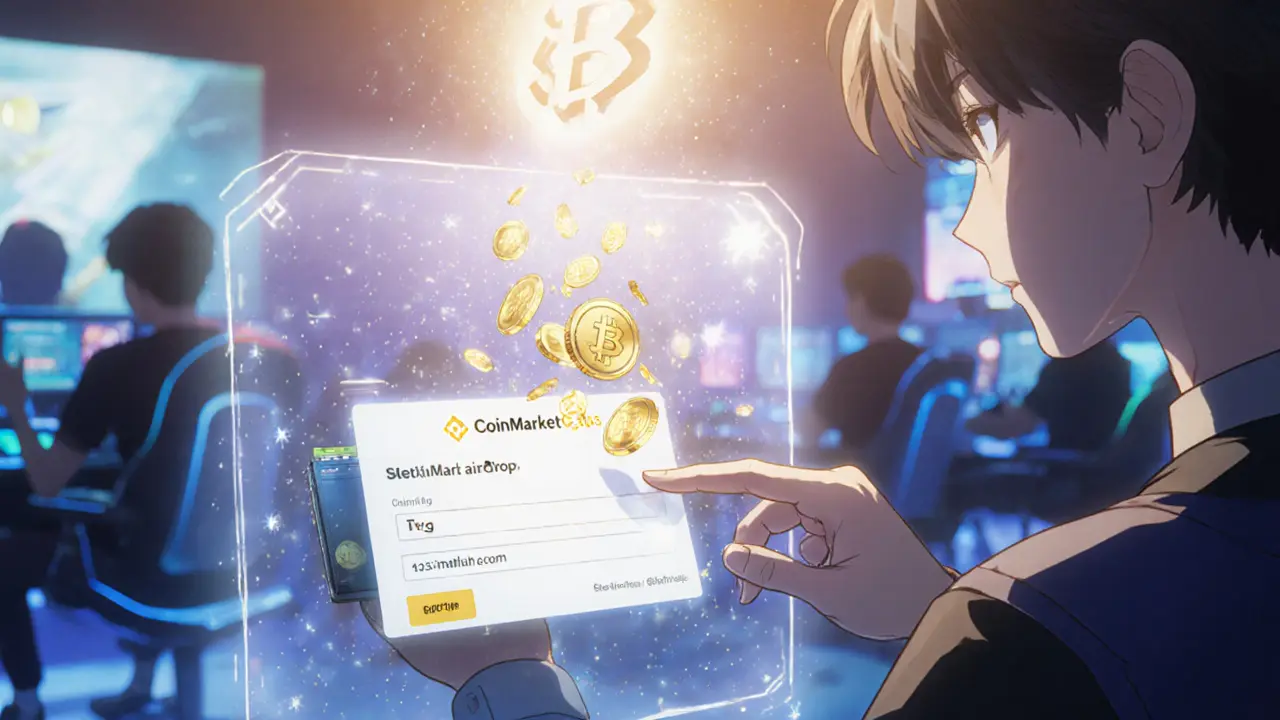 Main soumettant une adresse de portefeuille sous un logo BSC, des jetons THG tombant en pluie dorée.