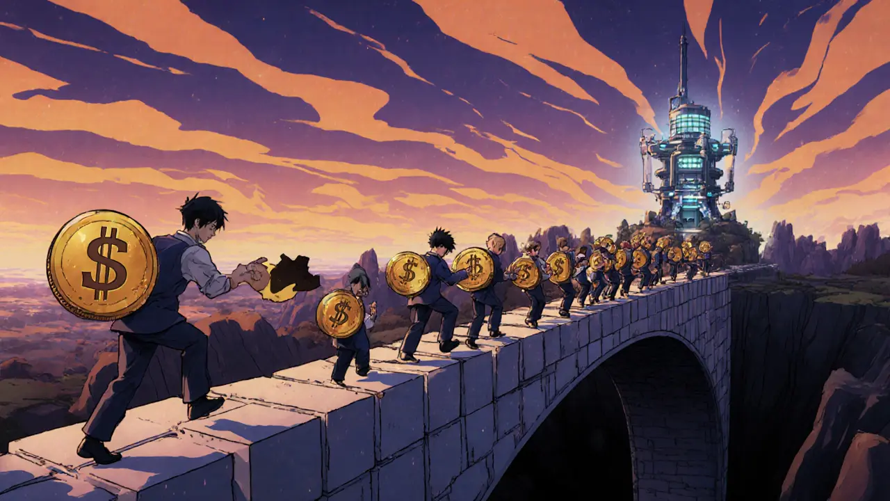 Mille personnages avancent sur un pont blockchain vers une tour AI, certains vendent leurs jetons.