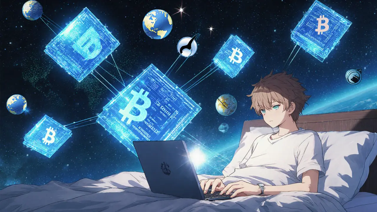 Personnage installant Bitcoin Core avec des nœuds blockchain flottants en arrière-plan.