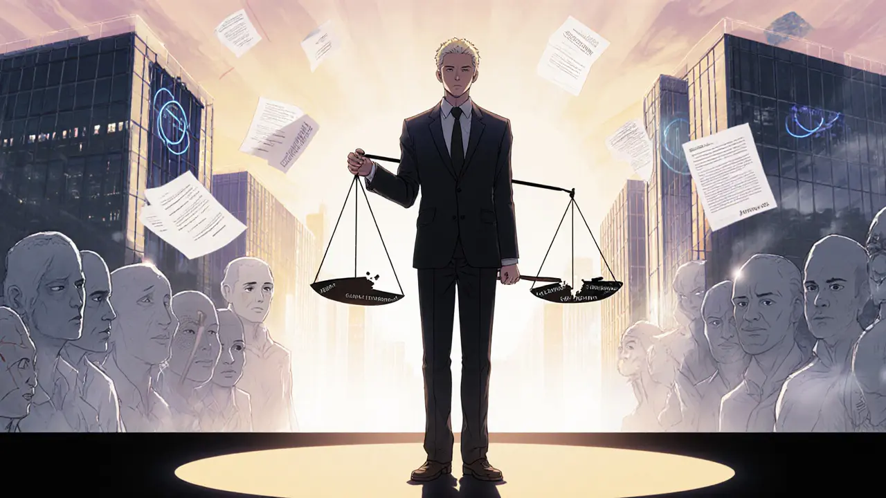 Sam Bankman-Fried seul sur scène, une balance cassée à la main, tandis que de nouveaux échanges transparents émergent à l&#039;horizon.