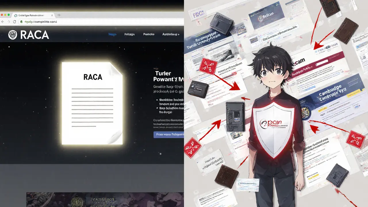 Scène divisée : site officiel RACA à gauche, sites frauduleux à droite, avec un bouclier &#039;Revoke.cash&#039; protégeant l&#039;utilisateur.
